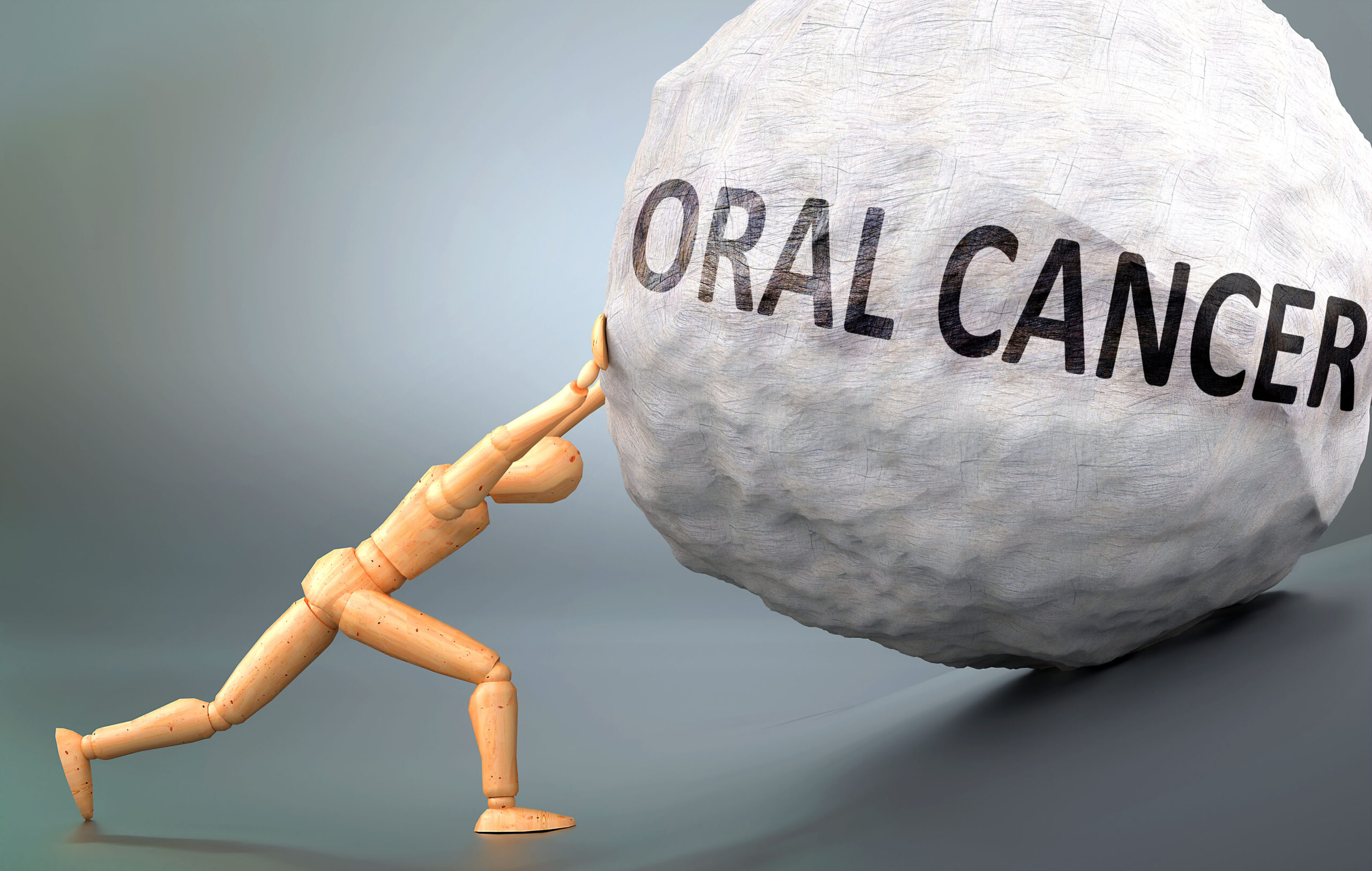 Oral cancer - depiction, impression and presentation of this condition shown a wooden model pushing heavy weight to symbolize struggle and pain when dealing with Oral cancer, 3d illustration.