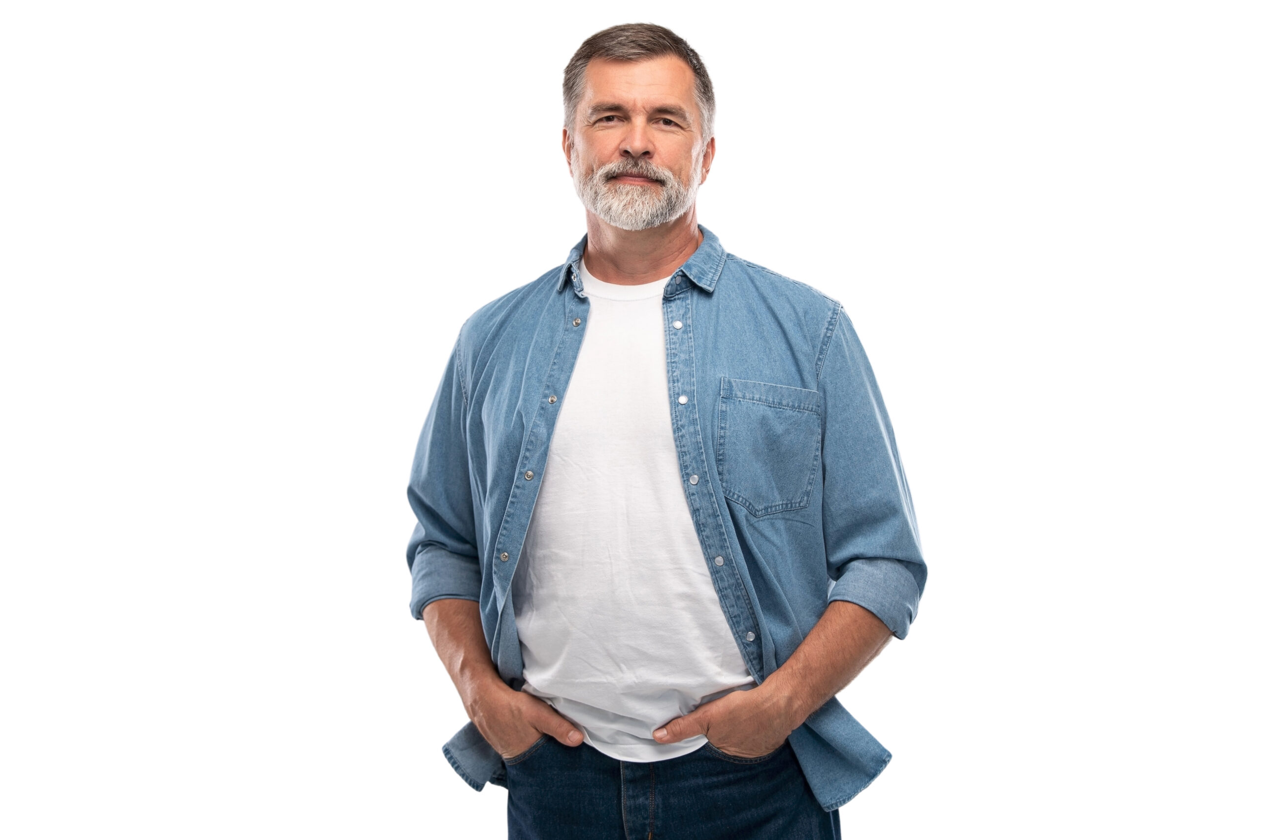 Middle age man standing on white background